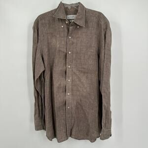 Island Place Des Victoires Men Linen Button Shirt Size L Taupe Italian Made FLAW